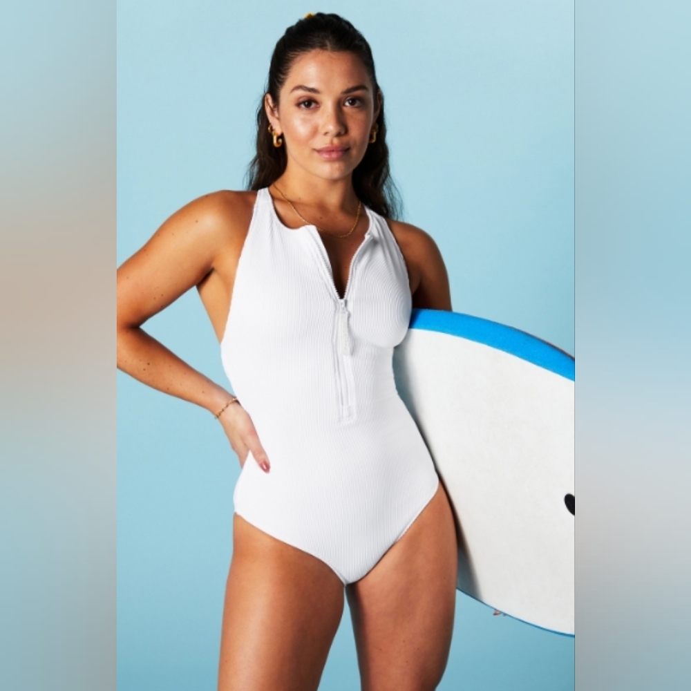 Fabletics White Zip-Front Racerback Shaping One-Piece Swimsuit - Size Medium